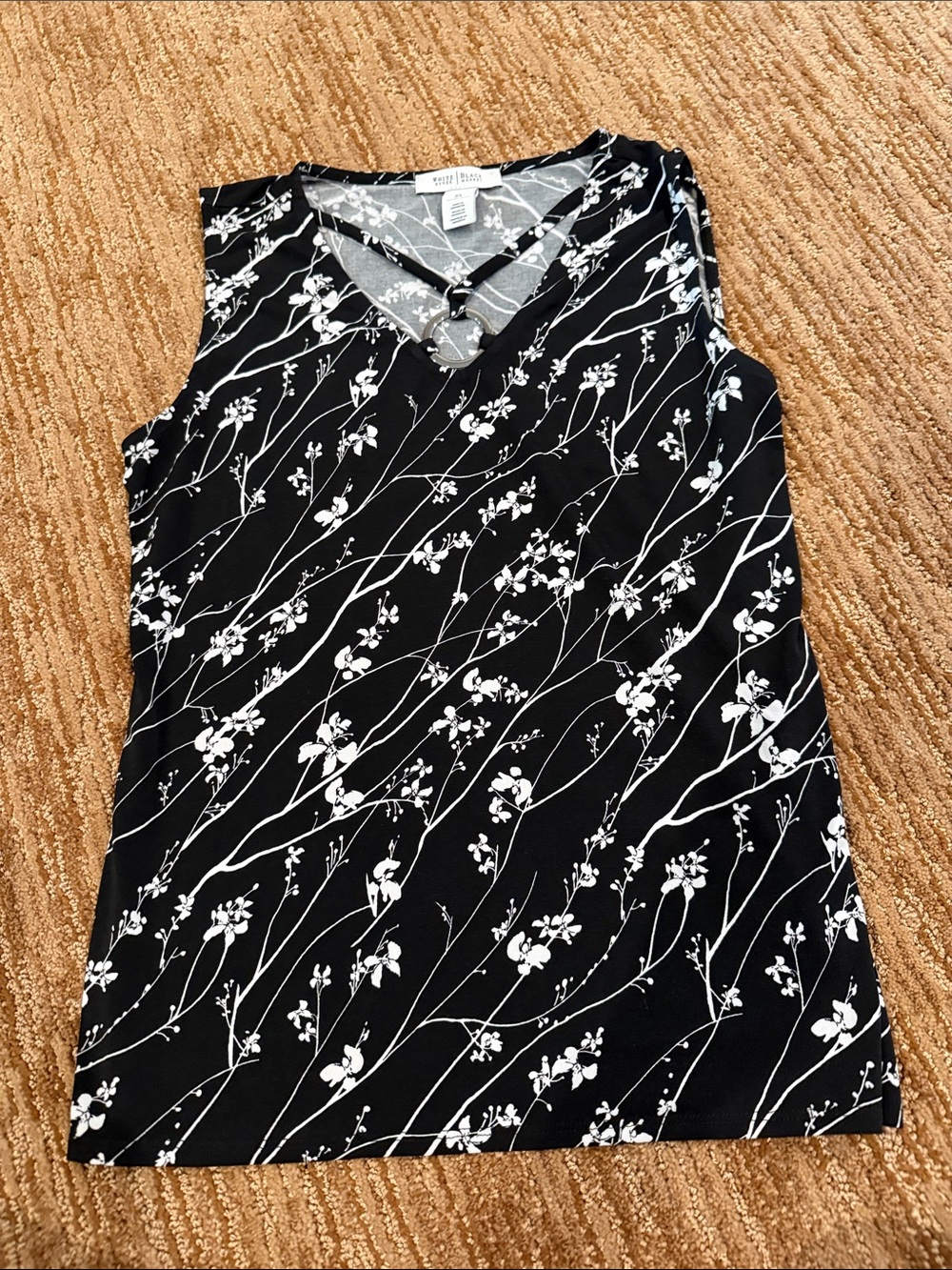 White House Black Market Black and White Floral V-Neck Tank